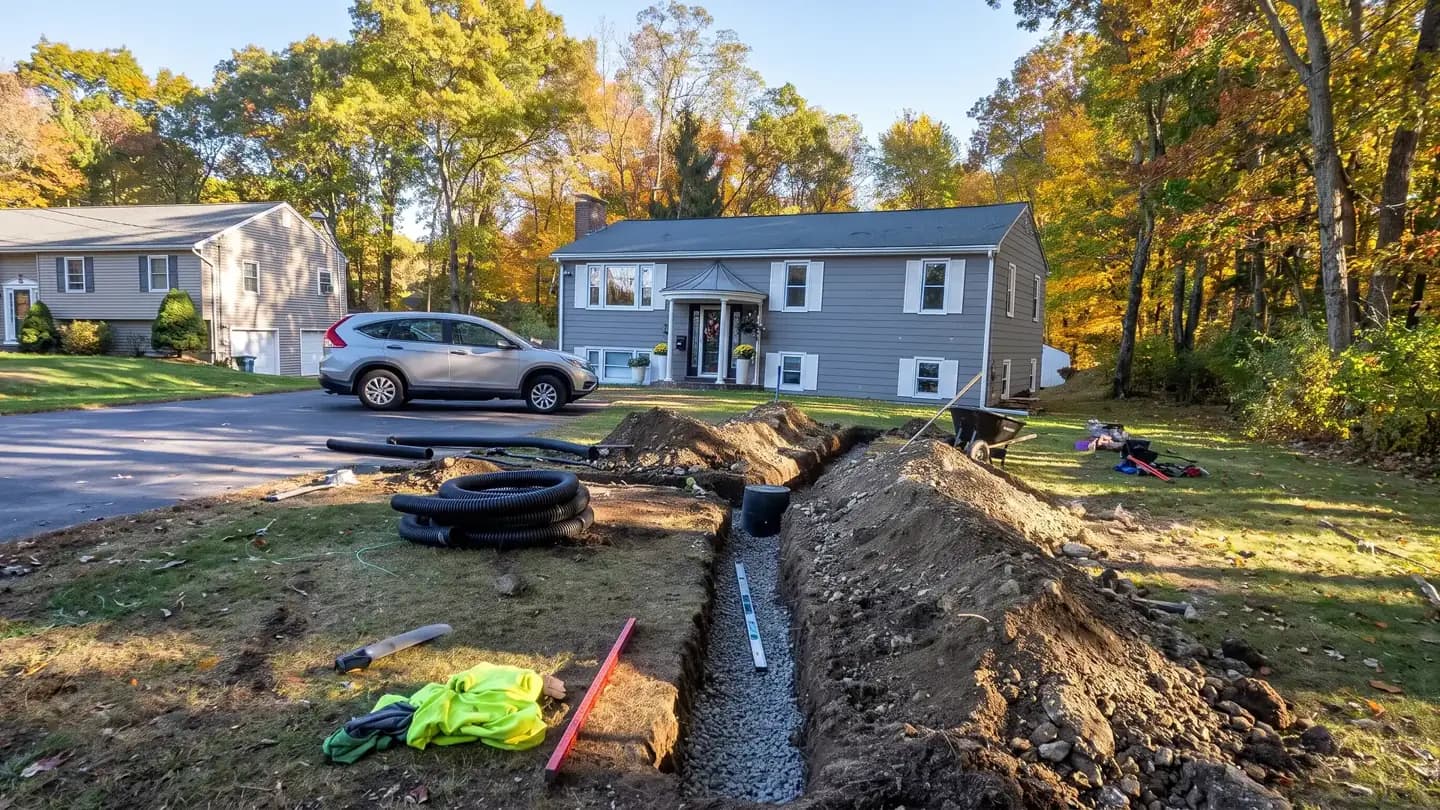 French drain trench with perforated pipe and crushed stone being installed in the front yard of a Massachusetts home, by Procopio Landscaping