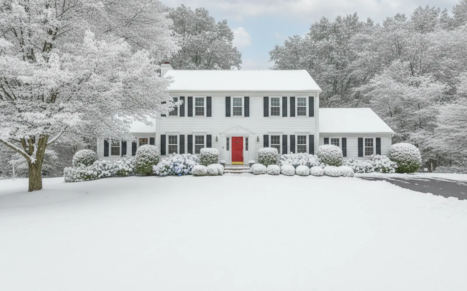 Plowed driveway and snowbanks in front of a house after a snowstorm