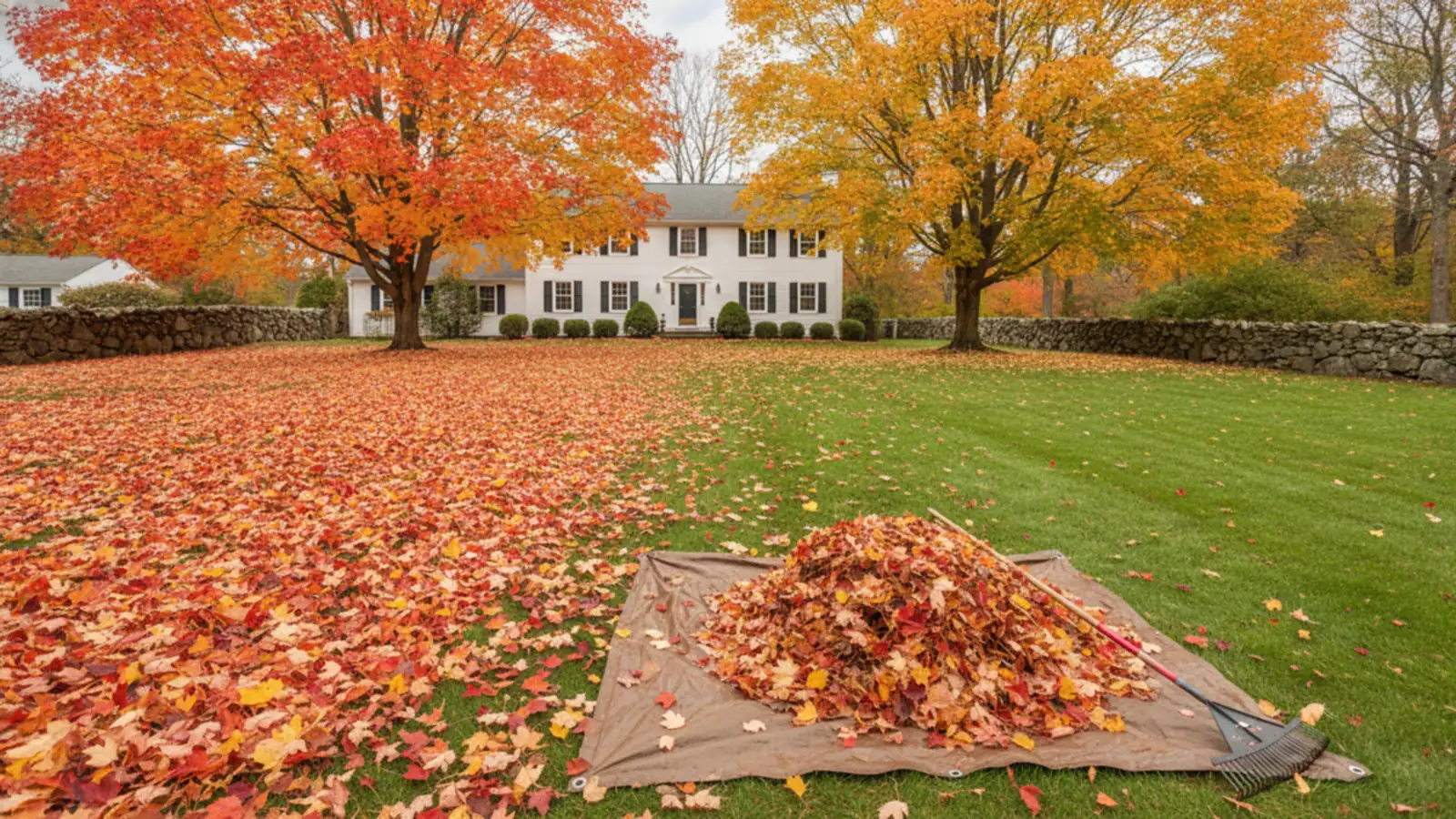 Raked oak and maple leaves piled on a suburban Massachusetts lawn during a fall cleanup