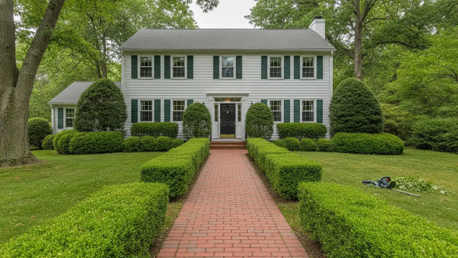 Freshly pruned hydrangea and evergreen shrubs along a front walkway in a MetroWest Massachusetts yard
