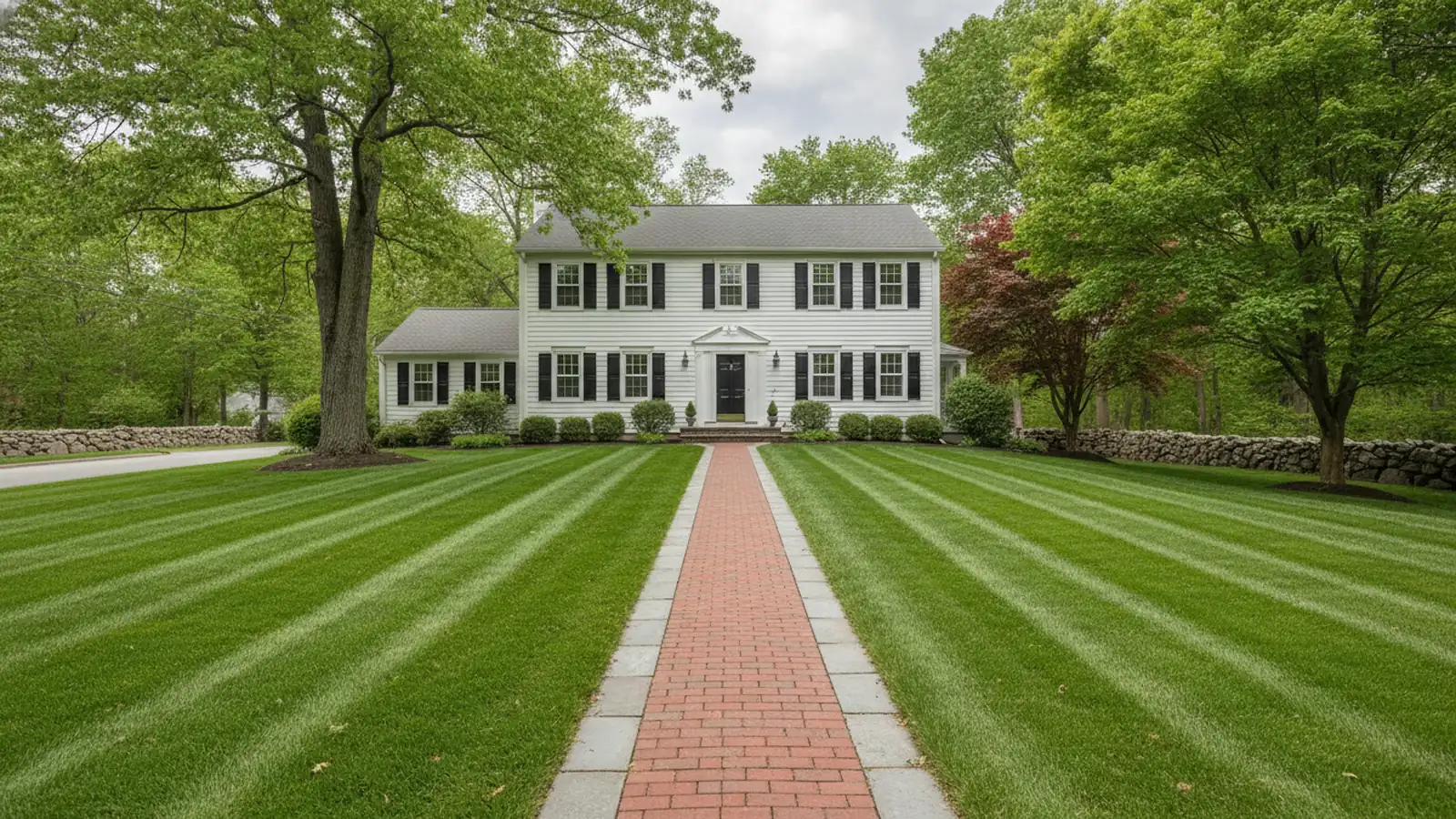 Freshly mowed striped lawn in front of a New England colonial home