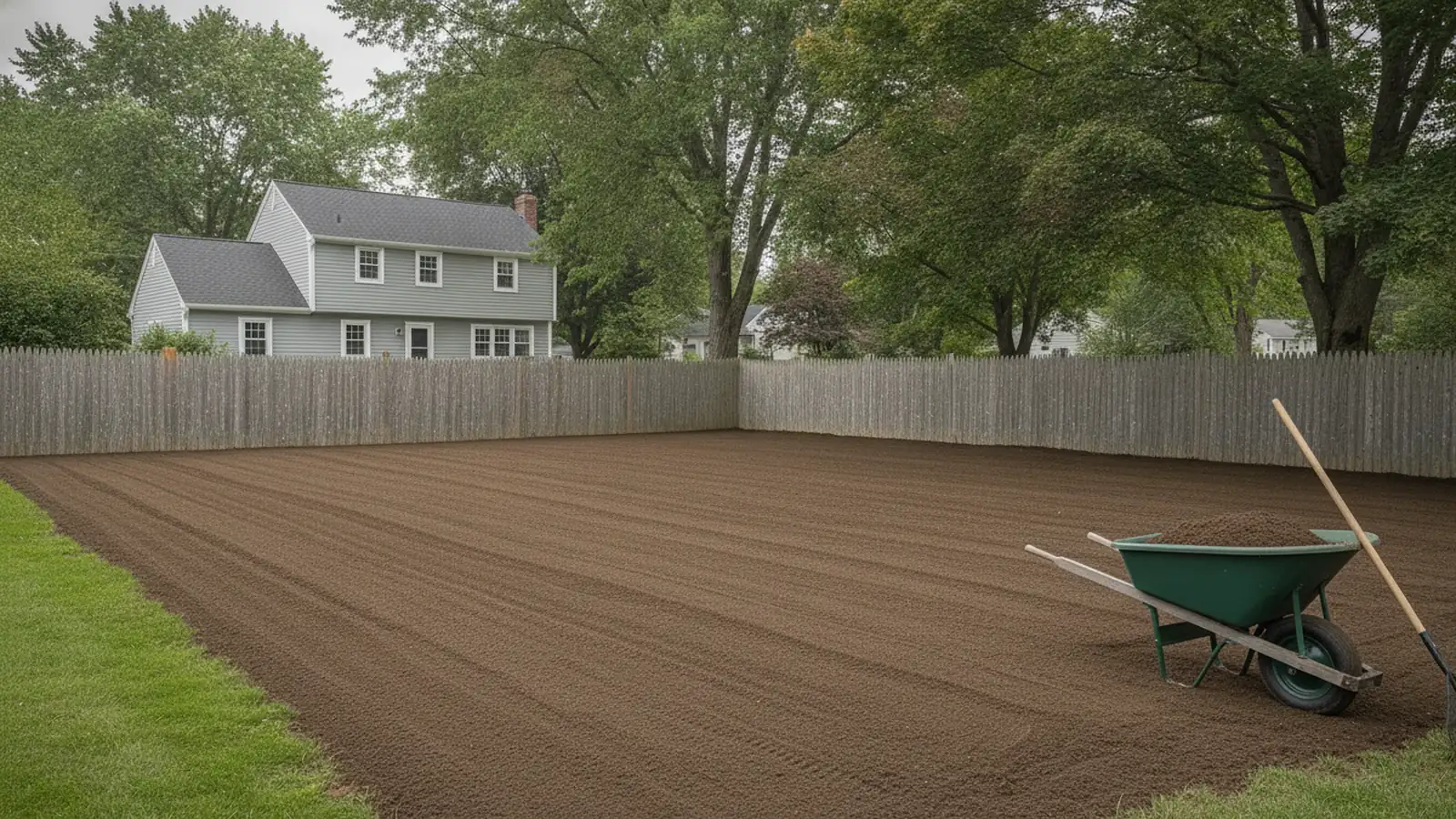 Fresh screened loam spread and raked smooth over a residential yard before seeding a new lawn in MetroWest Massachusetts