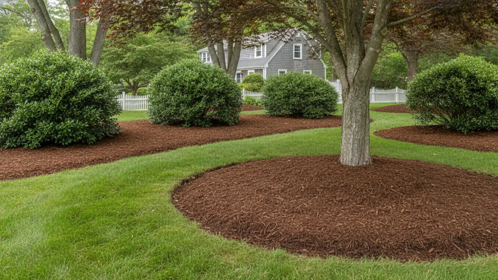 Fresh dark bark mulch spread in a neatly edged planting bed at a Marlborough, MA home
