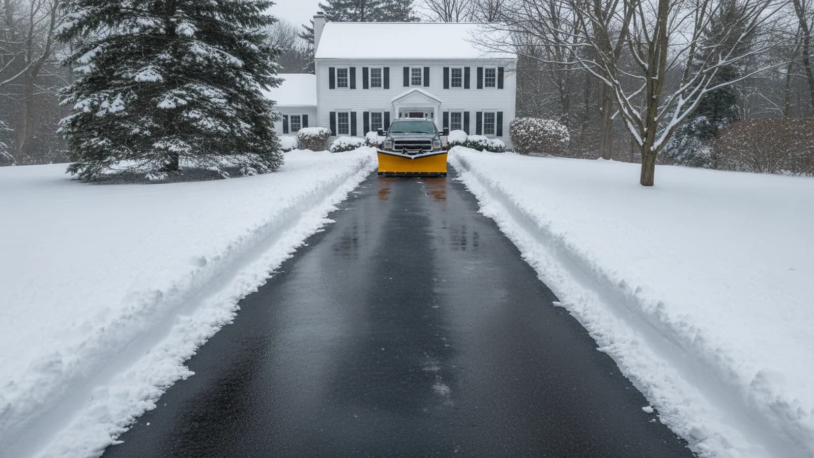 Plowed driveway with neat snowbanks in front of a Framingham, MA home after a winter storm
