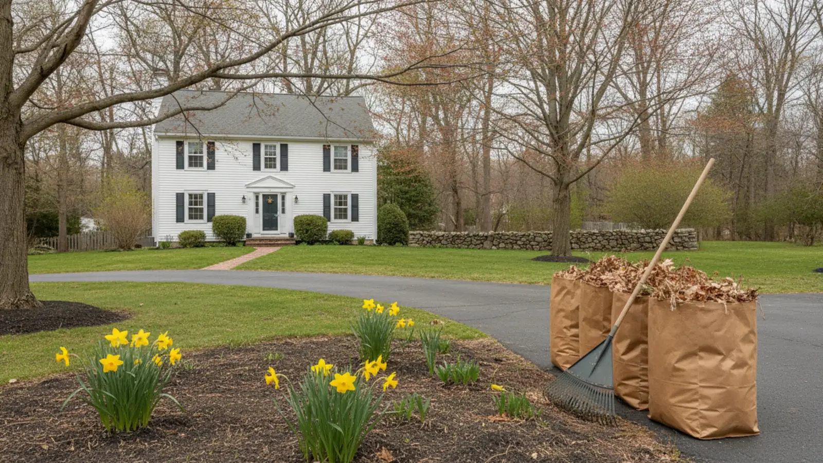 Clean lawn and freshly edged garden beds after a seasonal yard cleanup in Holliston, Massachusetts
